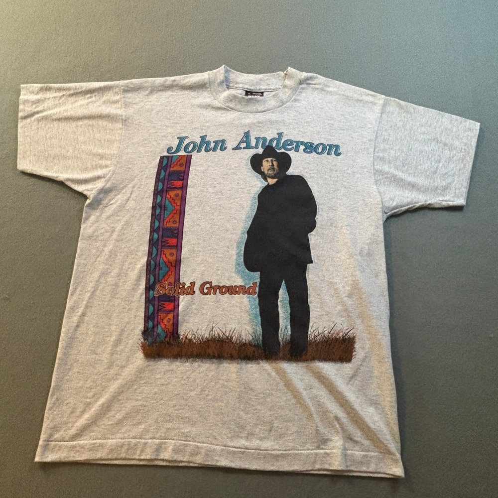 VTG 90s John Anderson Solid Ground Tour TShirt Mens L Gray Country Single Stitch